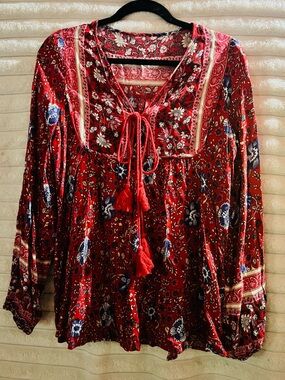Boho Floral Tie-Neck Tunic Top - Red